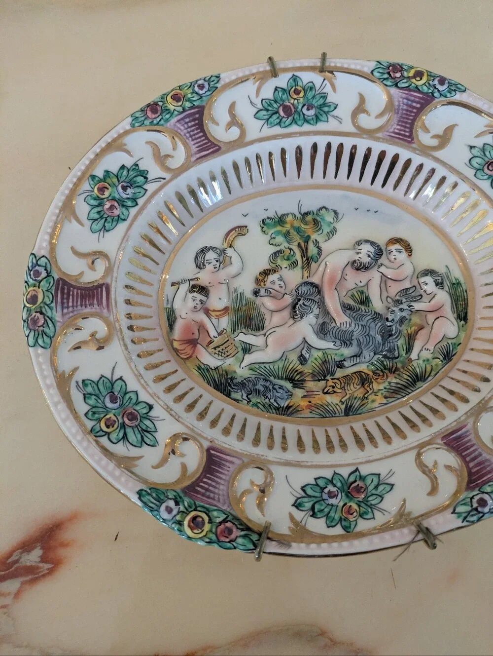 Antique Italian Capodimonte Decorative Hanging Bowl